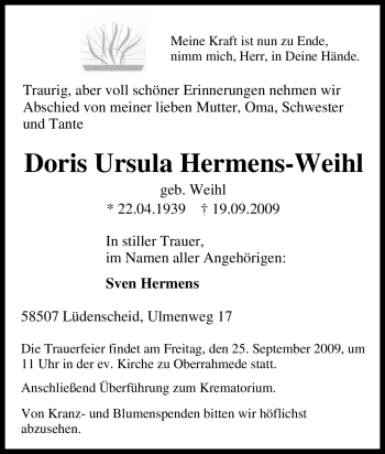 Traueranzeige von Doris Ursula Hermens-Weihl von Tageszeitung
