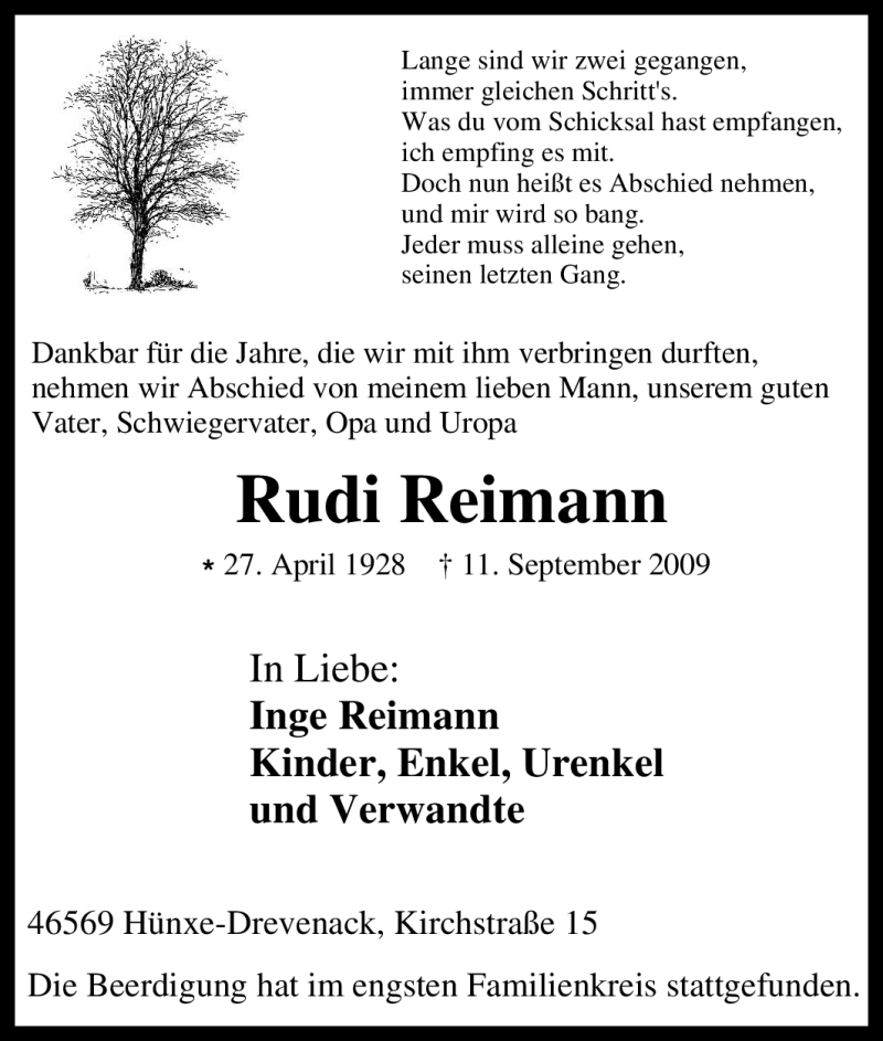 Traueranzeigen von Rudi Reimann TrauerinNRW.de
