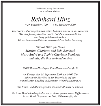 Traueranzeige von Reinhard Hinz von Tageszeitung