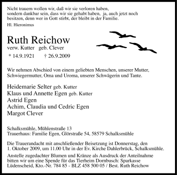Traueranzeige von Ruth Reichow von Tageszeitung