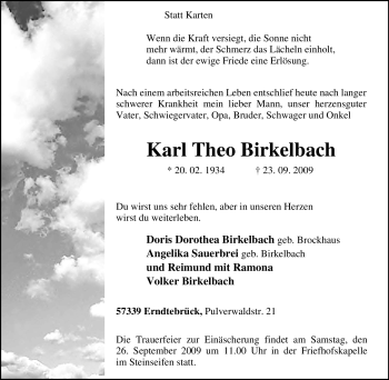 Traueranzeige von Karl Theo Birkelbach von Tageszeitung