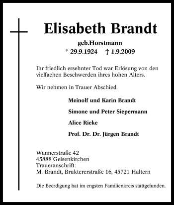 Traueranzeige von Elisabeth Brandt von Tageszeitung