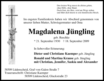 Traueranzeige von Magdalena Jüngling von Tageszeitung