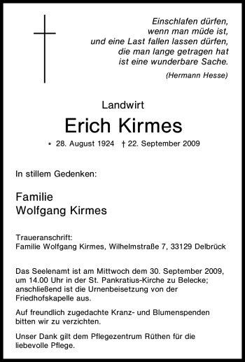 Traueranzeige von Erich Kirmes von Tageszeitung