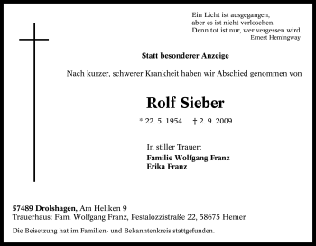 Traueranzeige von Rolf Sieber von Tageszeitung