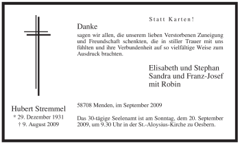 Traueranzeige von Hubert Stremmel von Tageszeitung