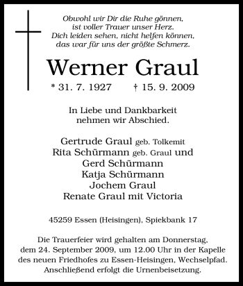 Traueranzeige von Werner Graul von Tageszeitung