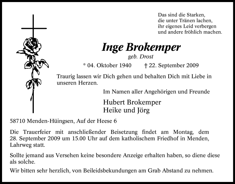  Traueranzeige für Inge Brokemper vom 24.09.2009 aus Tageszeitung