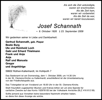 Traueranzeige von Josef Schannath von Tageszeitung