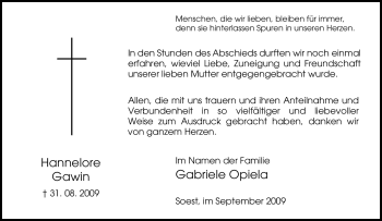 Traueranzeige von Hannelore Gawin von Tageszeitung