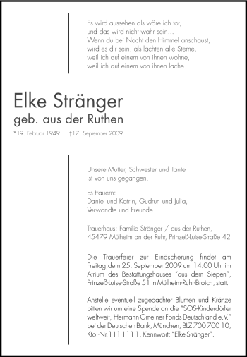 Traueranzeige von Elke Stränger von Tageszeitung