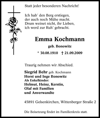 Traueranzeige von Emma Kochmann von Tageszeitung