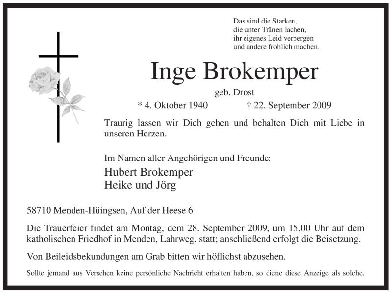  Traueranzeige für Inge Brokemper vom 24.09.2009 aus Tageszeitung