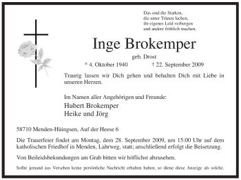 Traueranzeige von Inge Brokemper von Tageszeitung