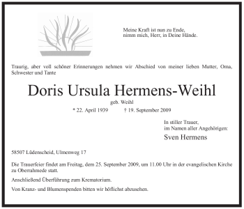 Traueranzeige von Doris Ursula Hermens-Weihl von Tageszeitung