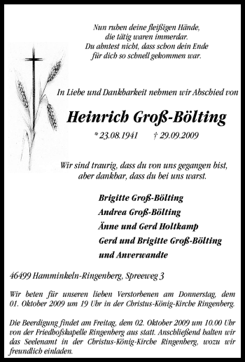 Traueranzeige von Heinrich Groß-Bölting von Tageszeitung