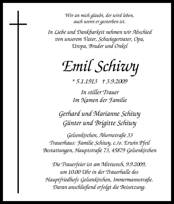 Traueranzeige von Emil Schiwy von Tageszeitung