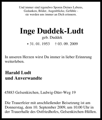 Traueranzeige von Inge Duddek-Ludt von Tageszeitung