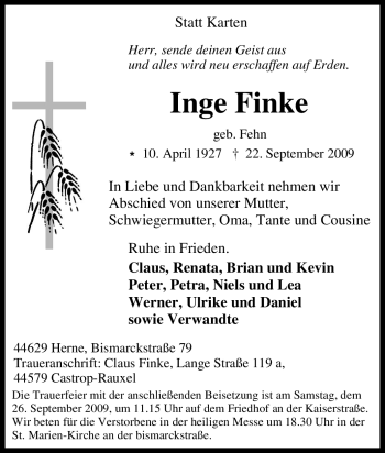 Traueranzeige von Inge Finke von Tageszeitung