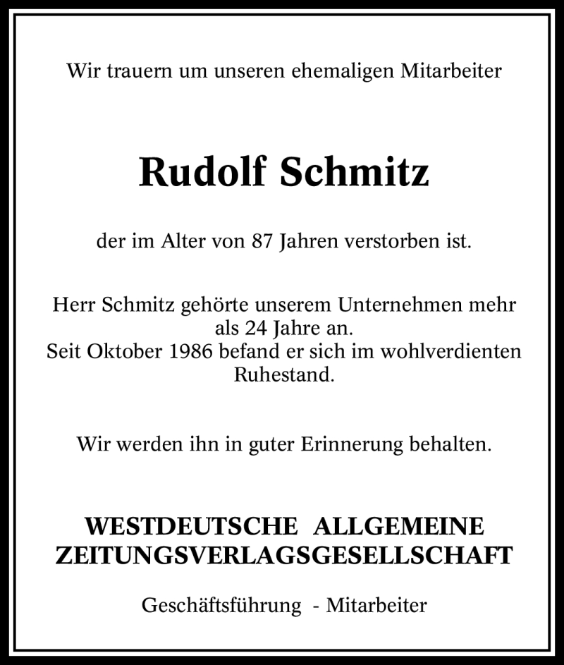  Traueranzeige für Rudolf Schmitz vom 19.09.2009 aus Tageszeitung