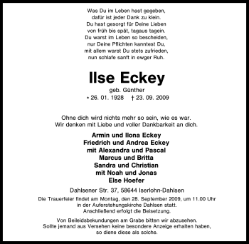 Traueranzeige von Ilse Eckey von Tageszeitung