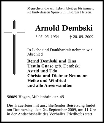 Traueranzeige von Arnold Dembski von Tageszeitung