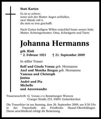 Traueranzeige von Johanna Hermanns von Tageszeitung