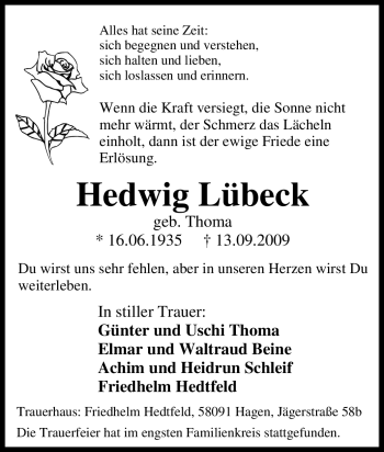 Traueranzeige von Hedwig Lübeck von Tageszeitung