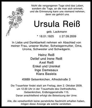 Traueranzeige von Ursula Reiß von Tageszeitung