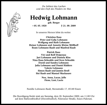 Traueranzeige von Hedwig Lohmann von Tageszeitung