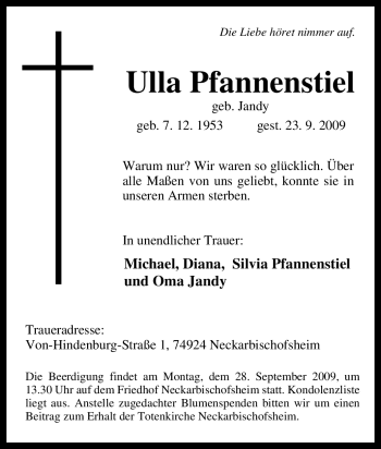 Traueranzeige von Ulla Pfannenstiel von Tageszeitung