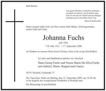 Traueranzeige von Johanna Fuchs von Tageszeitung