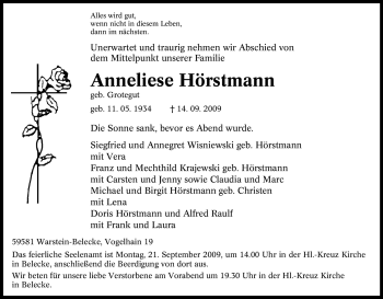 Traueranzeige von Anneliese Hörstmann von Tageszeitung
