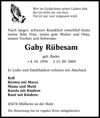 Traueranzeige von Gaby Rübesam von Tageszeitung