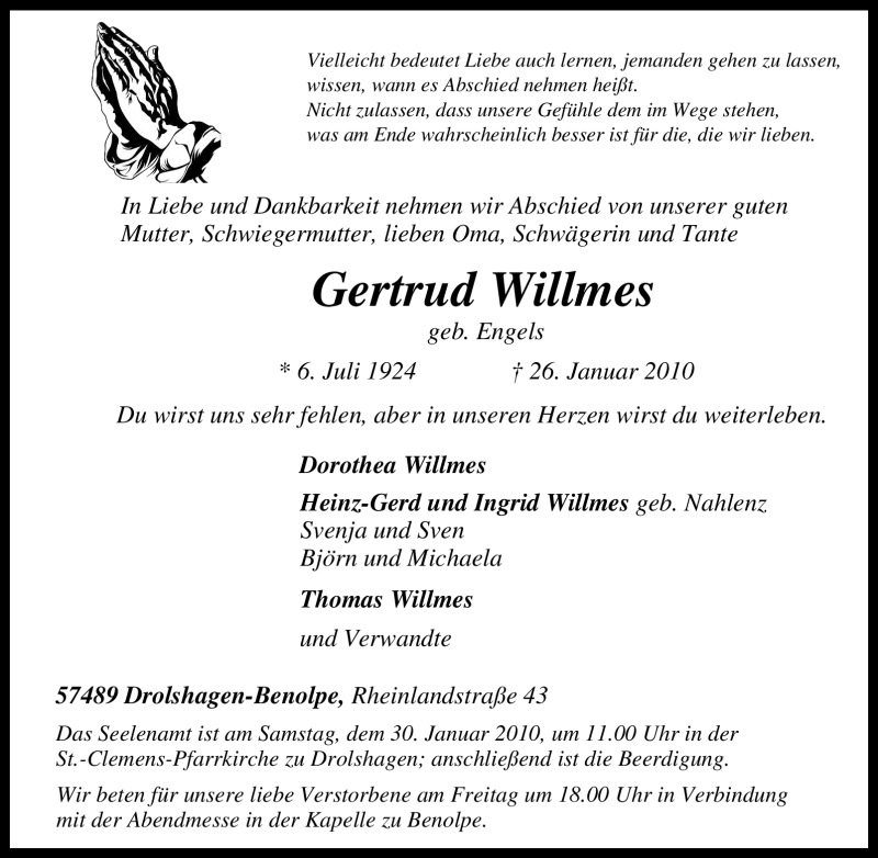  Traueranzeige für Gertrud Willmes vom 28.01.2010 aus Tageszeitung