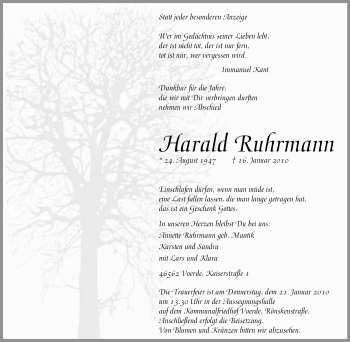 Traueranzeige von Harald Ruhrmann von Tageszeitung