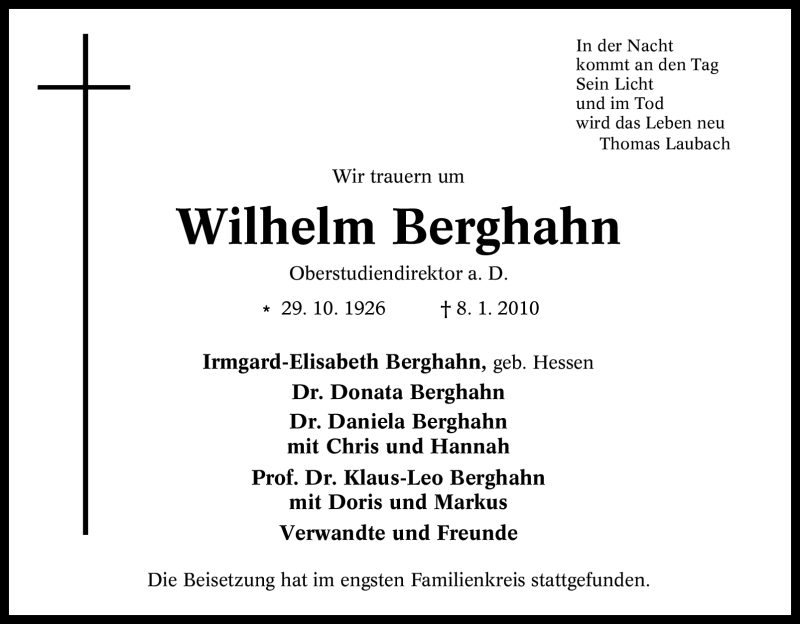  Traueranzeige für Wilhelm Berghahn vom 23.01.2010 aus Tageszeitung