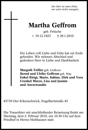 Traueranzeige von Martha Geffrom von Tageszeitung