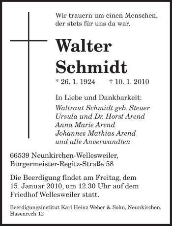 Traueranzeige von Walter Schmidt von Tageszeitung