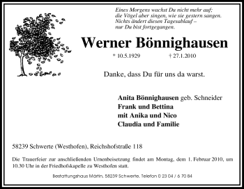 Traueranzeige von Werner Bönnighausen von Tageszeitung