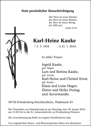Traueranzeige von Karl-Heinz Kauke von Tageszeitung