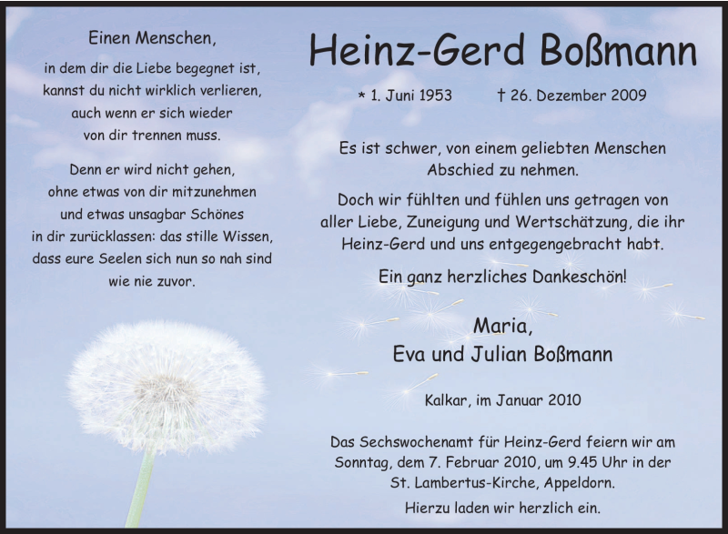  Traueranzeige für Heinz-Gerd Boßmann vom 30.01.2010 aus Tageszeitung