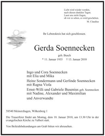 Traueranzeige von Gerda Soennecken von Tageszeitung