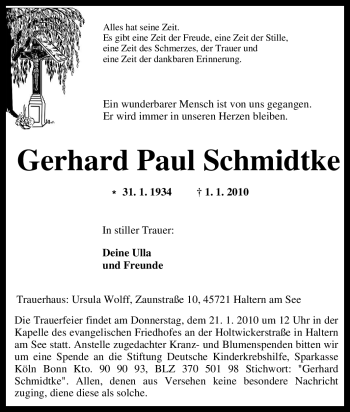 Traueranzeige von Gerhard Paul Schmidtke von Tageszeitung