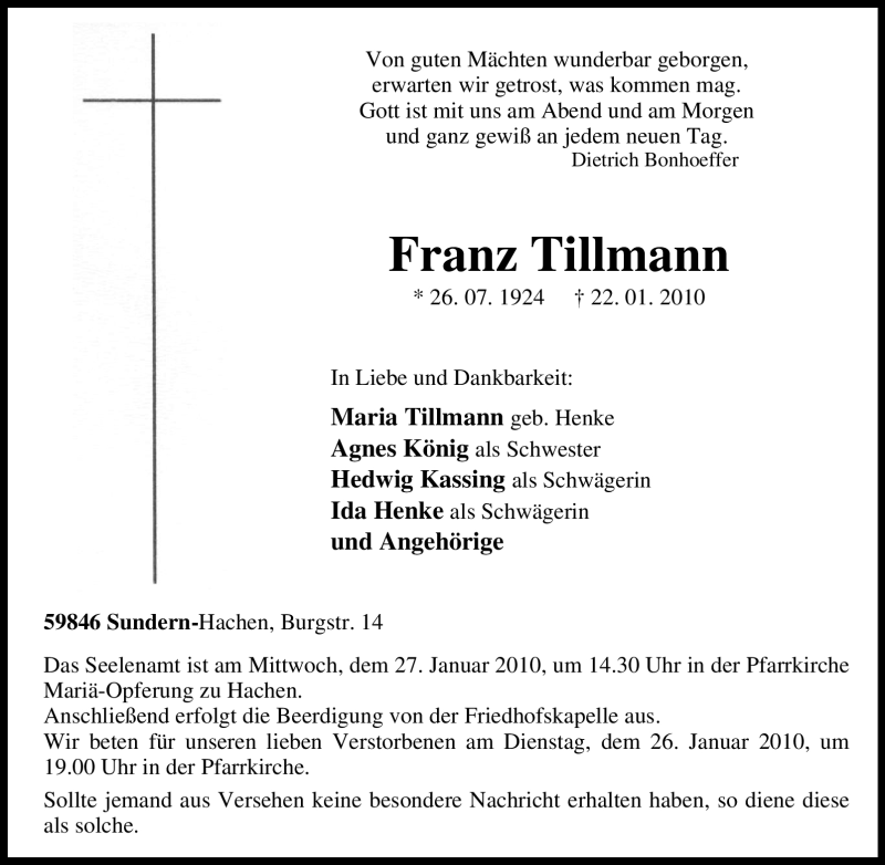  Traueranzeige für Franz Tillmann vom 23.01.2010 aus Tageszeitung