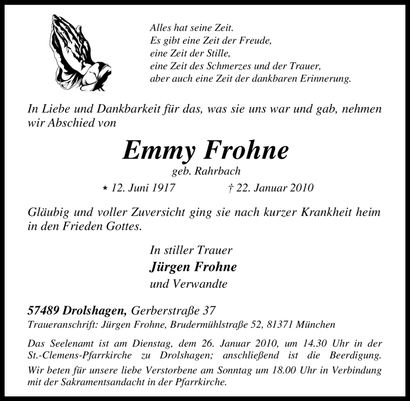  Traueranzeige für Emmy Frohne vom 23.01.2010 aus Tageszeitung