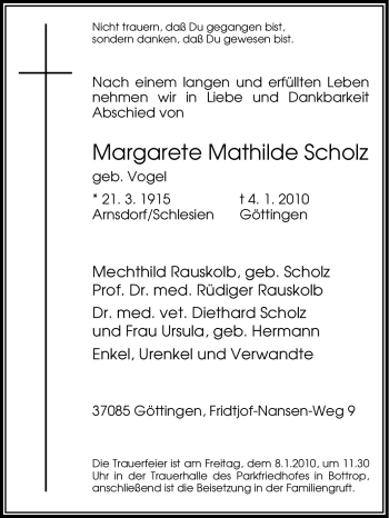 Traueranzeige von Margarete Mathilde Scholz von Tageszeitung