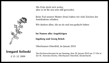 Traueranzeige von Irmgard Solinski von Tageszeitung