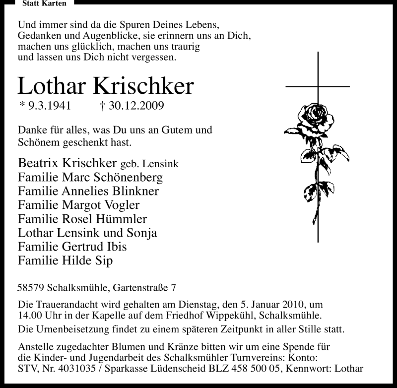  Traueranzeige für Lothar Krischker vom 02.01.2010 aus Tageszeitung