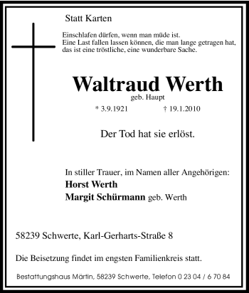Traueranzeige von Waltraud Werth von Tageszeitung